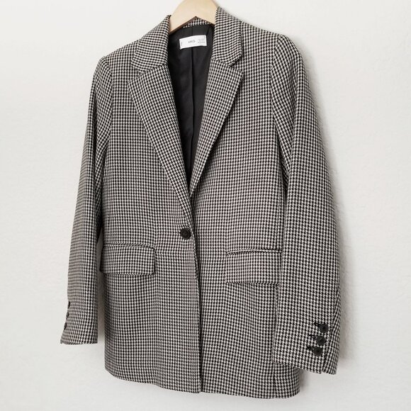 Mango Houndstooth Oversized Blazer Jacket S Gray Single Button Preppy Academia - Picture 6 of 16